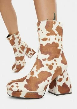 Public Desire Boots & Booties Brown Cow Print Imagine Chunky Heel Ankle Boots