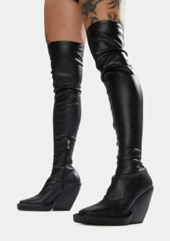 Public Desire Black Nix Thigh High Platform Wedge Boots Boots & Booties