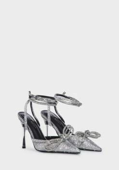 Public Desire Silver Glitter Midnight Diamante Bow Heels Wrap Heels