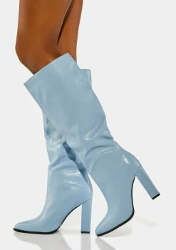 Public Desire Heeled Boots Blue Posie Knee High Boots