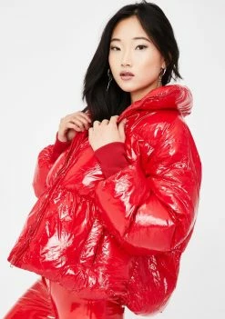 Public Desire Red Oversized Vinyl Puffer Coat Outerwear