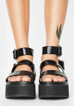 Public Desire Black Croc Kodie Platform Sandals