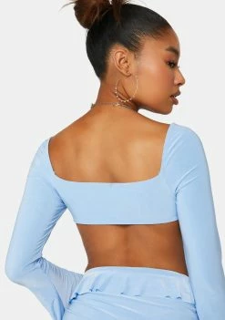 Budget 💯 Public Desire Long Sleeve Crop Top Crystal Blue Ruched Cups Flare Sleeve Top 🥰 7 Public Desire Long Sleeve Crop Top Crystal Blue Ruched Cups Flare Sleeve Top
