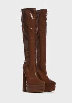 Cheap ⭐ Public Desire Camel Patent End Game Knee High 🥾 Boots ✔️ 8 Public Desire Camel Patent End Game Knee High Boots