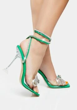 Public Desire Green Glimmer Wrap Around Diamante Bow Heels
