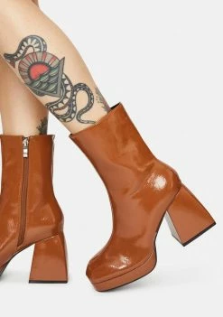Cheap ๐ Public Desire Tan Patent Imagine Chunky Heel Ankle ๐ฅพ Boots ๐ 6 Public Desire Tan Patent Imagine Chunky Heel Ankle Boots