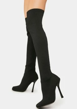 Public Desire Black Bubbles Knitted Knee High Boots
