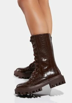 Public Desire Brown Beau Croc Lace Up Boots