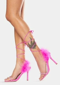 Public Desire Pink Fifi Feather Wrap Square Toe Stiletto Heels