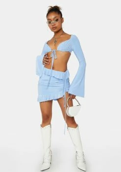 Public Desire Long Sleeve Crop Top Crystal Blue Ruched Cups Flare Sleeve Top