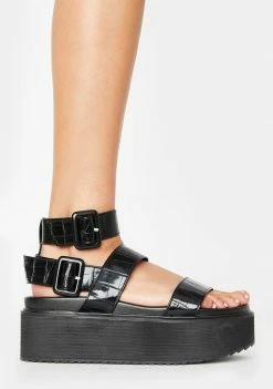 Public Desire Black Croc Kodie Platform Sandals