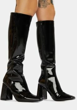 Public Desire Black Apology Patent Knee High Boots Boots & Booties