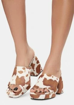Public Desire Heels Mocha Oreo Cow Print Chunky Heel Mules