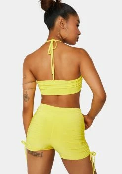 Public Desire Festival Shorts Sulphur Yellow Ruched Tie Side Booty Shorts