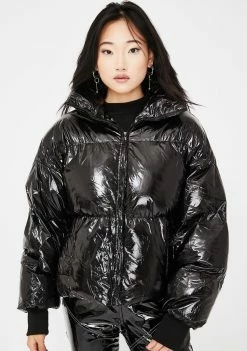 Public Desire Outerwear Black Oversized Vinyl Puffer Coat