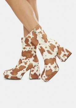 Public Desire Boots & Booties Brown Cow Print Imagine Chunky Heel Ankle Boots