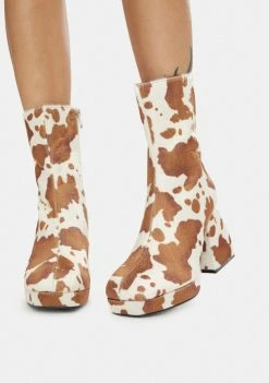 Public Desire Boots & Booties Brown Cow Print Imagine Chunky Heel Ankle Boots