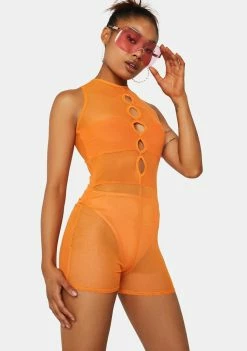Public Desire Orange Cut-Out Mesh Sleeveless Unitard Rave & Festival Playsuits
