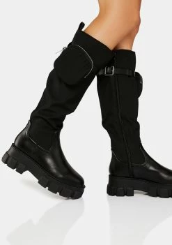 Public Desire Knee High Boots Black Showing Up Cargo Boots