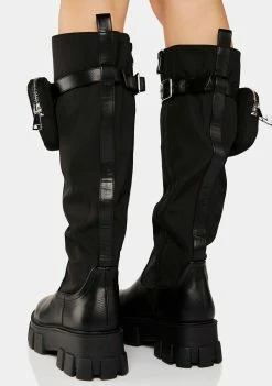 Public Desire Knee High Boots Black Showing Up Cargo Boots
