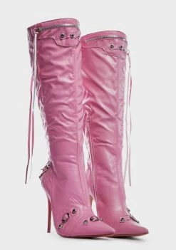 Public Desire Pink Cardi Knee High Boots Boots & Booties