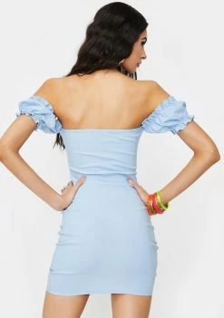 Public Desire Dresses Blue Bardot Frill Sleeve Mini Dress