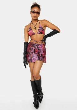 Public Desire Mini Skirt Abstract Printed Ruched Frill Hem Skirt