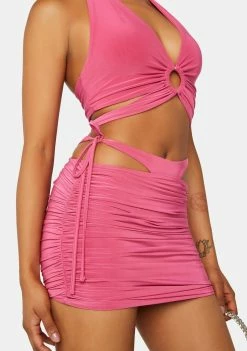 Public Desire Paradise Pink Exposed Waist Ruched Mini Skirt
