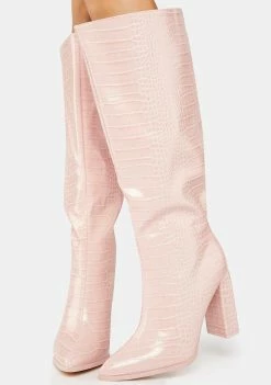 Public Desire Heeled Boots Baby Pink Posie Knee High Boots