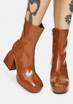 Public Desire Tan Patent Imagine Chunky Heel Ankle Boots