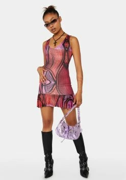 Public Desire Club Dresses Abstract Printed Plunge Frill Hem Micro Mini Dress