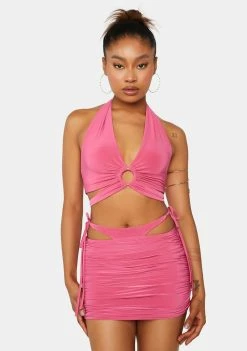 Public Desire Paradise Pink Exposed Waist Ruched Mini Skirt