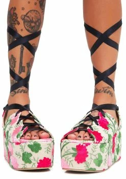 Public Desire Floral Storm Tie Up Flatform Sandals