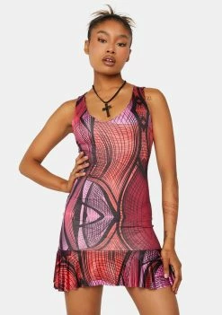 Public Desire Club Dresses Abstract Printed Plunge Frill Hem Micro Mini Dress