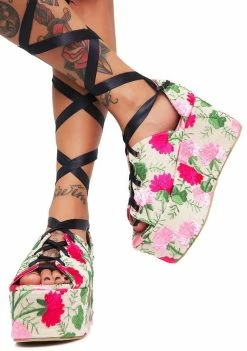 Public Desire Floral Storm Tie Up Flatform Sandals
