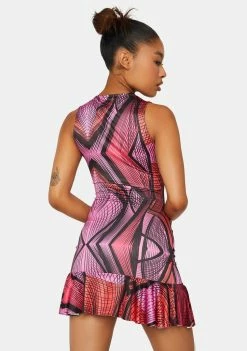 Public Desire Club Dresses Abstract Printed Plunge Frill Hem Micro Mini Dress