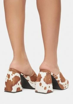 Public Desire Heels Mocha Oreo Cow Print Chunky Heel Mules