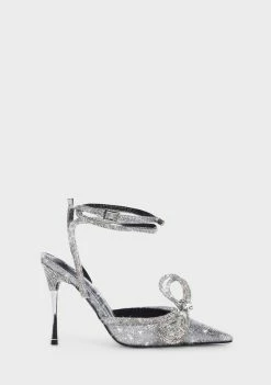 Public Desire Silver Glitter Midnight Diamante Bow Heels Wrap Heels