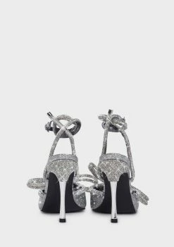 Public Desire Silver Glitter Midnight Diamante Bow Heels Wrap Heels