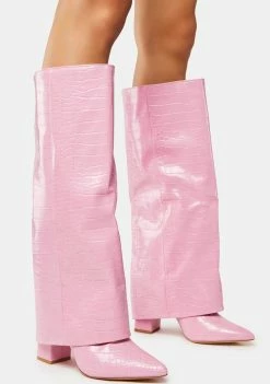 Public Desire Pink Zendaya Croc Pointed Toe Knee High Boots