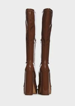 Cheap ⭐ Public Desire Camel Patent End Game Knee High 🥾 Boots ✔️ 9 Public Desire Camel Patent End Game Knee High Boots