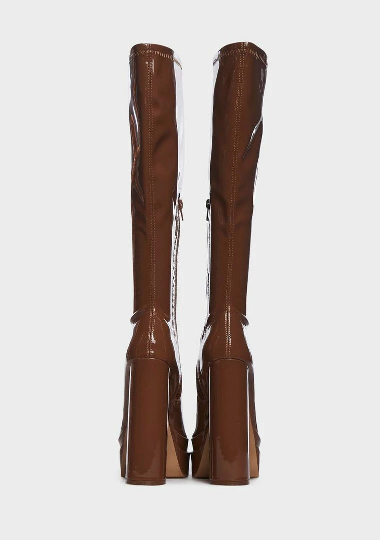 Cheap ⭐ Public Desire Camel Patent End Game Knee High 🥾 Boots ✔️ 5 Public Desire Camel Patent End Game Knee High Boots