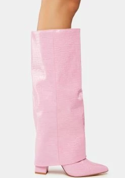 Public Desire Pink Zendaya Croc Pointed Toe Knee High Boots