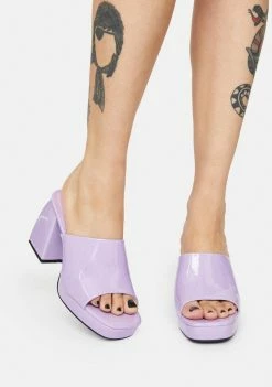 Public Desire Lilac Patent Oreo Open Toe Mules Heels