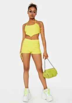 Public Desire Sulphur Yellow Ruched Halter Mini Crop Top