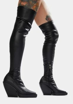 Public Desire Black Nix Thigh High Platform Wedge Boots Boots & Booties