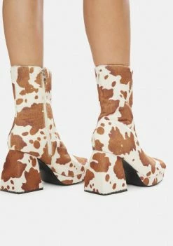 Public Desire Boots & Booties Brown Cow Print Imagine Chunky Heel Ankle Boots