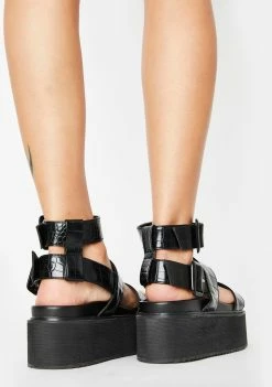 Public Desire Black Croc Kodie Platform Sandals