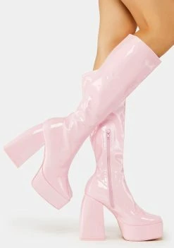 Public Desire Pink Heartbeat Platform Knee High Boots