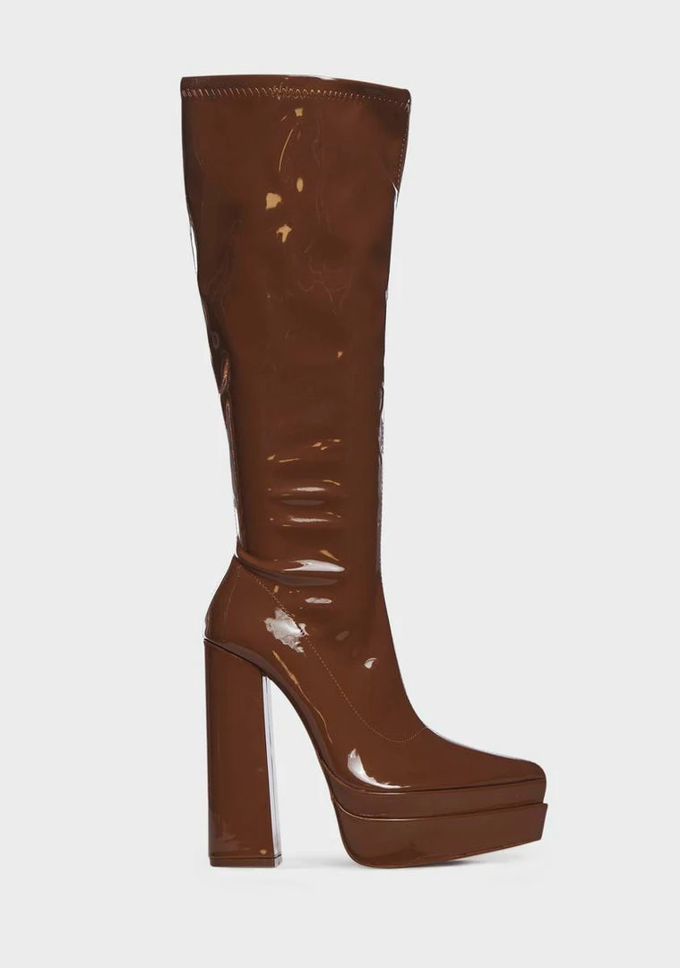 Cheap ⭐ Public Desire Camel Patent End Game Knee High 🥾 Boots ✔️ 1 Public Desire Camel Patent End Game Knee High Boots
